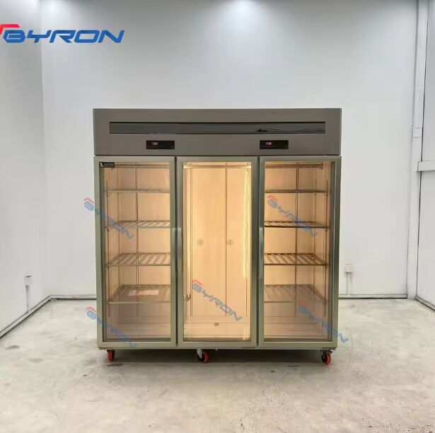 Commercial Vertical Meat Display Cabinet Glass Door Triple Bars Hanging Design Refrigeration Equipment Safe Fresh Meat Manual