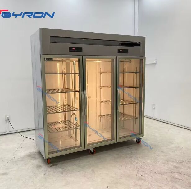 Commercial Vertical Meat Display Cabinet Glass Door Triple Bars Hanging Design Refrigeration Equipment Safe Fresh Meat Manual