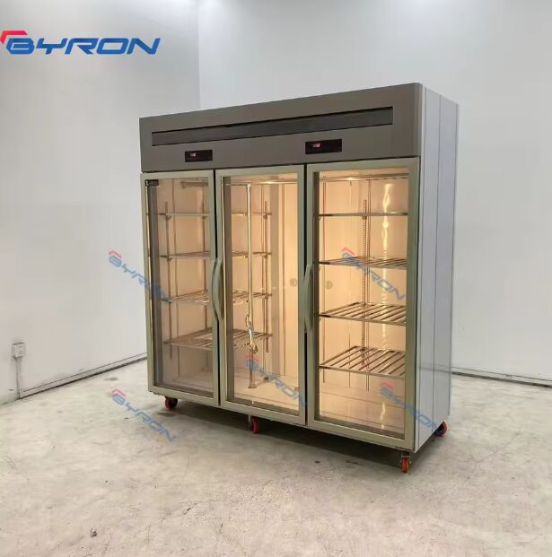 Commercial Vertical Meat Display Cabinet Glass Door Triple Bars Hanging Design Refrigeration Equipment Safe Fresh Meat Manual