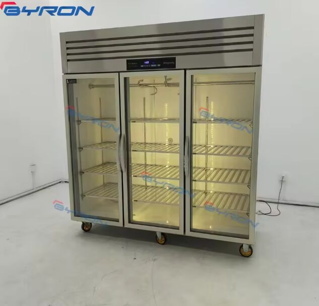 Commercial Vertical Meat Display Cabinet Glass Door Triple Bars Hanging Design Refrigeration Equipment Safe Fresh Meat Manual