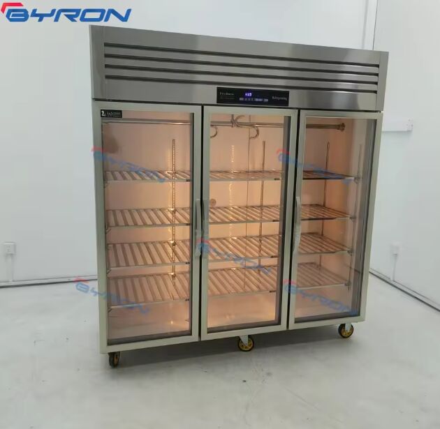 Commercial Vertical Meat Display Cabinet Glass Door Triple Bars Hanging Design Refrigeration Equipment Safe Fresh Meat Manual
