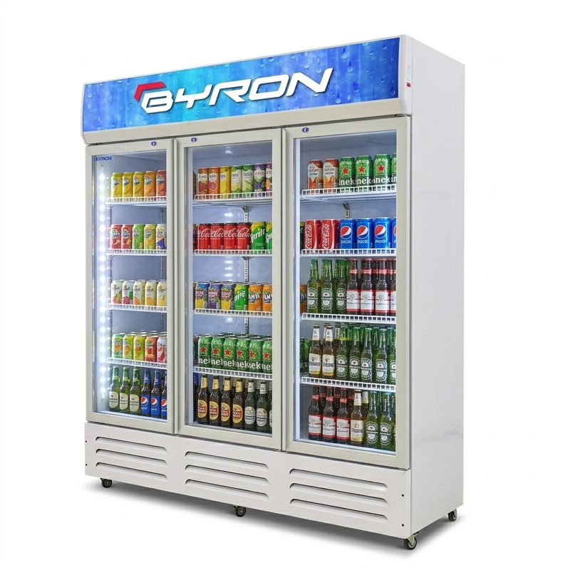 BYRON Upright Commercial Display Refrigerator Direct Cooling Glass Door Merchandiser Cooler for Beer Energy Drinks Beverages