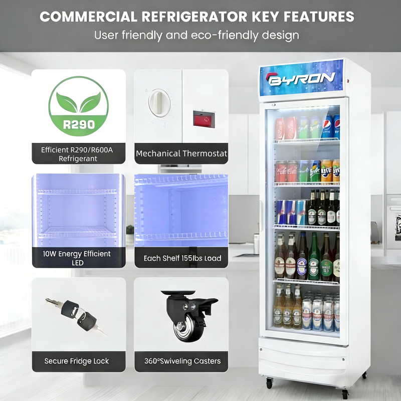 BYRON Upright Commercial Display Refrigerator Direct Cooling Glass Door Merchandiser Cooler for Beer Energy Drinks Beverages