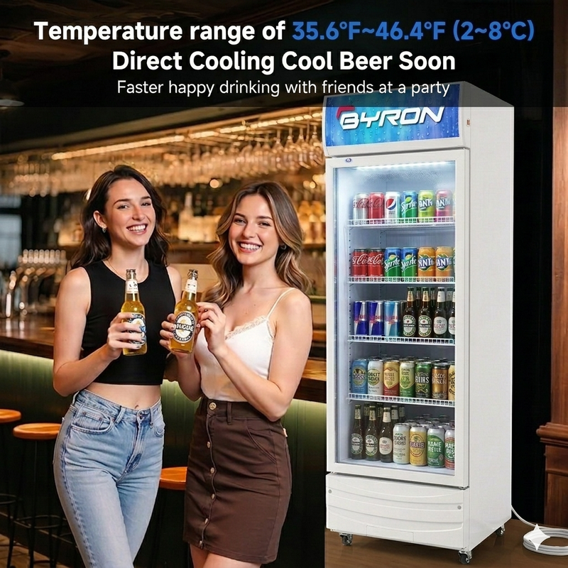 BYRON Upright Commercial Display Refrigerator Direct Cooling Glass Door Merchandiser Cooler for Beer Energy Drinks Beverages