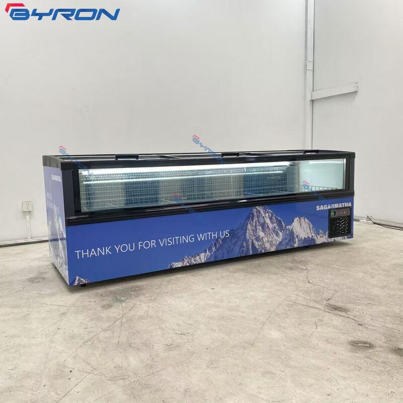 Commercial Combined Island Freezer Curved Glass Top Horizontal Chest Freezer with LED Lighting & Digital Temp Control